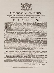  Ordonnantie en keur van de magistraat van Vianen van 18 november 1774 tegen het afbreken van huizen en gebouwen aldaar