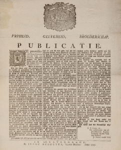  Publicatie van de provisionele representanten van het Volk van Holland van 16 maart 1795 waarin bepaald dat ...