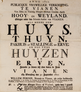  Aankondiging van de openbare verkoping op 30 september 1801 door notaris Willem Pernis te Vianen van 23 morgen land en ...
