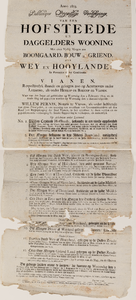  Aankondiging van de openbare verkoping op 2 februari 1803 door notaris Willem Pernis te Vianen van hofsteden ...
