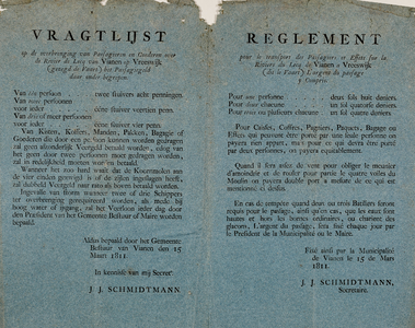  Publicatie van de municipaliteit van Vianen van 15 maart 1811 over de tarieven voor de overbrenging van passagiers en ...