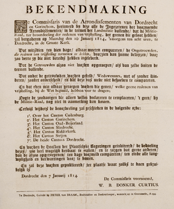  Publicatie van de Commissaris van de Arrondissementen van Dordrecht en Gorinchem van 7 januari 1814 over mogelijke ...