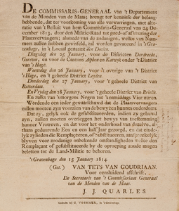  Publicatie van de Commissaris-Generaal van het Departement van de Monden van de Maas [Maasland] van 15 januari 1814 ...