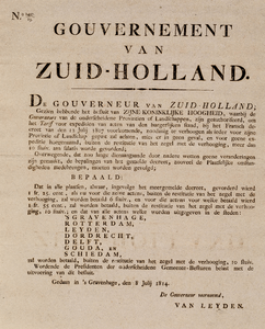  Publicatie van de Gouverneur van Zuid-Holland van 8 juli 1814 over het tarief voor expeditie van akten van de ...