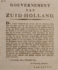  Publicatie van de Gouverneur van Zuid-Holland van 4 november 1814 over het Paarden- en Dienstboden-geld