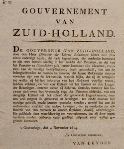  Publicatie van de Gouverneur van Zuid-Holland van 4 november 1814 over het Paarden- en Dienstboden-geld