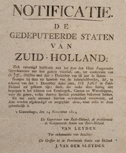  Notificatie van Gedeputeerde Staten van Zuid-Holland van 14 november 1814 over de jacht aldaar