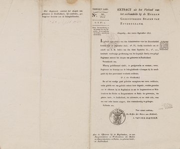  Extract uit het verbaal van het verhandelde bij Gedeputeerde Staten van Zuid-Holland van 20 september 1825 over het ...