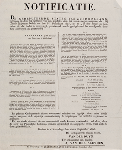  Notificatie van Gedeputeerde Staten van Zuid-Holland van 20 september 1825 van het reglement op het slopen van ...