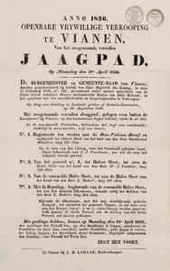  Aankondiging van de verkoping door de gemeente Vianen op 18 april 1836 van het vervallen jaagpad, gelegen even buiten ...