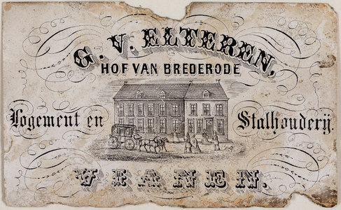  Visitekaartje (met tekening) van het logement en stalhouderij Hof van Brederode van G. van Elteren te Vianen