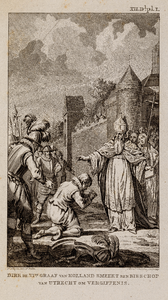  Graaf Dirk VI van Holland (overleden 1177) smeekt, voor de stadsmuren van Utrecht, de bisschop van Utrecht om vergiffenis