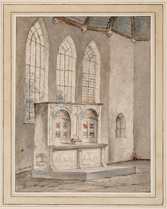  Gezicht op een altaar in de Brederode-kapel van de Grote Kerk te Vianen met op de achtergrond 3 ramen met een spitsboog
