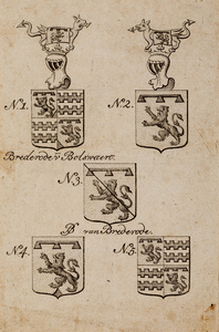  Tekening van vijf wapens van het geslacht Brederode, van Brederode van Bolswaert en van de bastaarden van Brederode