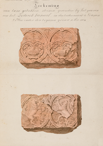  Tekening van twee gebakken stenen (waarvan één met het jaartal 1608) die gevonden zijn bij het graven van het ...