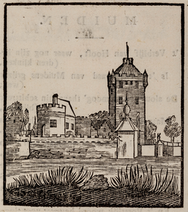  Zij-aanzicht over een gracht op huis Batestein te Vianen met rechts een toren met een toegang over de gracht