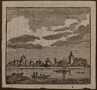  Gezicht over de Lek, met enkele vaartuigen, op de stad Vianen met rechts de toren van huis Batestein