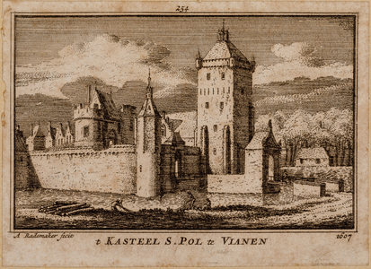  Gezicht over een gracht op huis Batestein, met toegangspoort over de gracht, te Vianen naar de toestand van 1607 (no. 254)