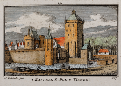  Gezicht over een gracht op huis Batestein, met toegangspoort over de gracht, te Vianen naar de toestand van 1607 ...