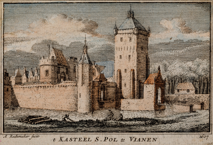  Gezicht over een gracht op huis Batestein, met toegangspoort over de gracht, te Vianen naar de toestand van 1607 ...