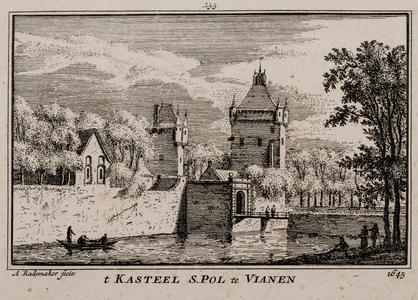  Gezicht over een gracht op huis Batestein, met toegangspoort over de gracht, te Vianen naar de toestand van 1645 (no. 255)