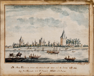  Gezicht vanaf de overkant van de Lek, met een varend veerbootje, op de stad Vianen naar de toestand van 1630