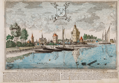  Gezicht vanaf de Lek, met een aantal aangemeerde boten, op de stad Vianen, weerspiegeld in de rivier (ingekleurd)