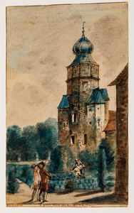  Gezicht op de toren van huis Batestein te Vianen met twee naar de toren kijkende manspersonen