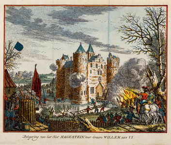 Gezicht op het door graaf Willem VI belegerde huis Hagestein (ingekleurd)