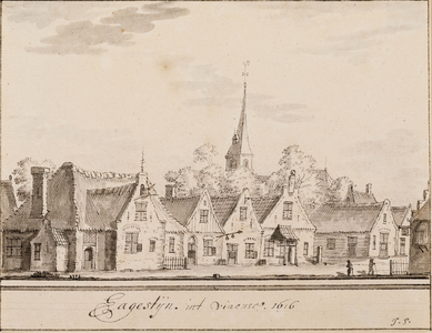  Gezicht in het dorp Hagestein met de NH-kerk op de achtergrond naar de toestand van 1616