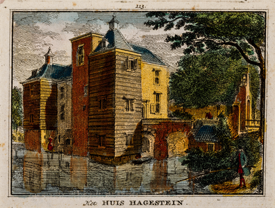  Gezicht over de gracht op de voor- en zijgevel van huis Hagestein met rechts de toegangsbrug en een visser (no. 113) ...