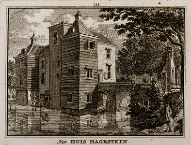  Gezicht over de gracht op de voor- en zijgevel van huis Hagestein met rechts de toegangsbrug en een visser (no. 113)
