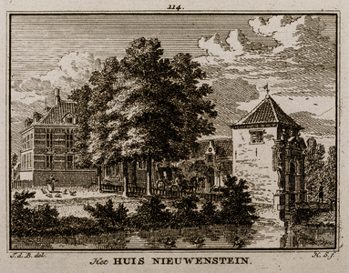  Gezicht over de gracht op de voorgevel en poortgebouw van huis Nieuwenstein (no. 114)