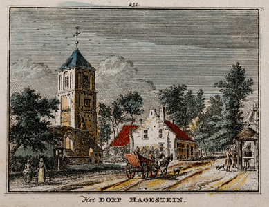  Gezicht in het dorp Hagestein met links de toren van de NH-kerk en rechts een hoefsmid die een paard beslaat (no. 231) ...