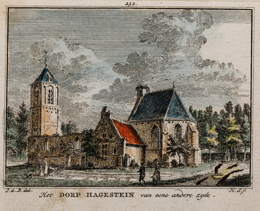  Gezicht op de NH-kerk te Hagestein met links de toren en rechts het koor (no. 232) (ingekleurd)