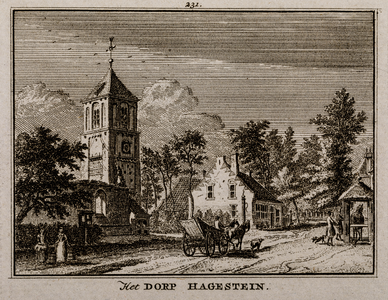  Gezicht in het dorp Hagestein met links de toren van de NH-kerk en rechts een hoefsmid die een paard beslaat (no. 231)