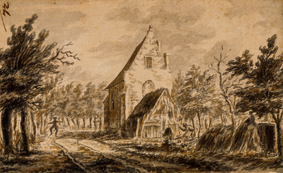  Gezicht op de Helsdingse kapel onder Vianen met links een dansende man en rechts een houthakker