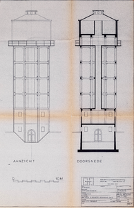  Tekening van (de doorsnede) van de watertoren te Vianen (gebouwd naar een ontwerp uit 1909 van R. Kuipers te Den Haag)