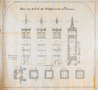  Tekening van de vier zijden (met plattegronden) van de toren van de Grote Kerk te Vianen