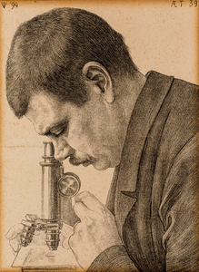  Zijaanzicht van Cornelis Winkler (1855-1941) turend in een microscoop