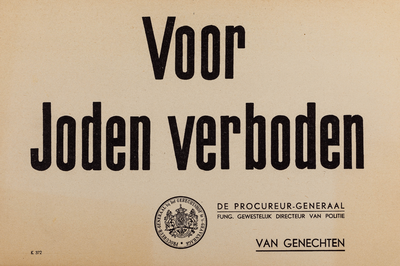  Bordje met de tekst 'Voor Joden verboden', gedrukt in opdracht van Van Genechten, procureur-generaal bij het ...