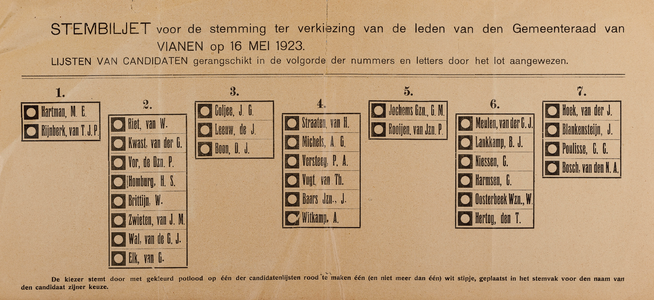  Stembiljet voor de verkiezing van leden van de gemeenteraad van Vianen op 16 mei 1923