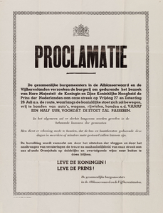  Proclamatie van de burgemeesters in de Alblasserwaard en de Vijfherenlanden vanwege het bezoek van koningin Juliana en ...