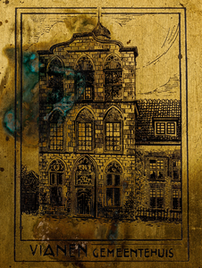  Gravure in koper met afbeelding van het stadhuis aan de Voorstraat te Vianen