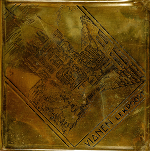  Gravure in koper (in ruitvorm) met afbeelding van de Lekpoort aan de Buitenstadzijde te Vianen