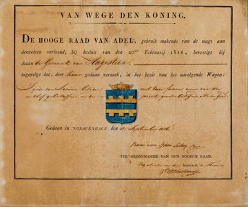  Verklaring van de Hoge Raad van Adel dat aan de gemeente Hagestein het in de verklaring opgenomen wapen is verleend