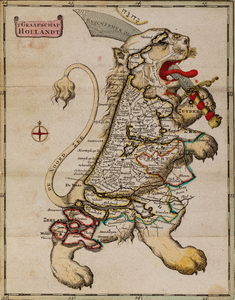  Kaart van het graafschap Holland in de vorm van een leeuw in een zakboekje getiteld 'Gebruyck der Cooplieden, ...