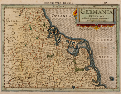  Kaart van Vlaanderen, Brabant, Holland, Utrecht, Gelderland en het westelijk deel van Duitsland (ingekleurd)