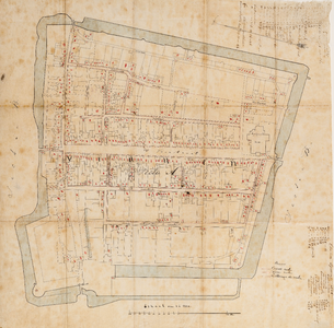  Spreiding van gevallen van cholora in de binnenstad van Vianen tijdens de epidemie van 1866 op een kadastrale kaart ...