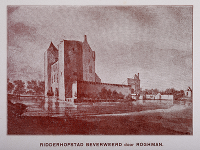  Foto van een begin 18de eeuwse prent met gezicht vanuit het zuidwesten over de Kromme Rijn op kasteel Beverweerd te ...